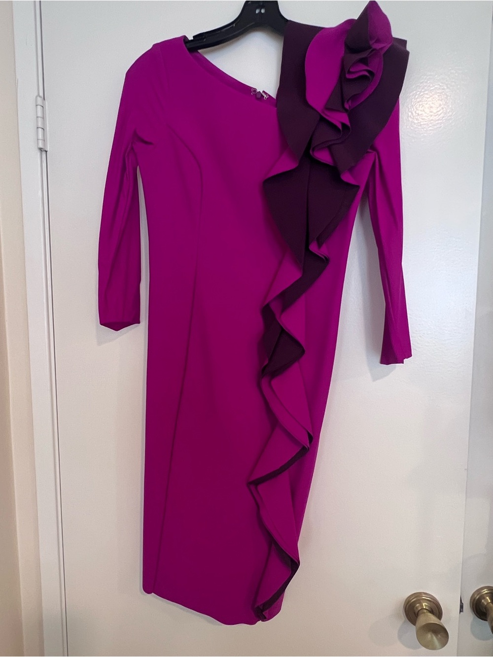Rickie Freeman for Teri Jon Fuchsia Sheath Dress with Deep Plum Ruffle